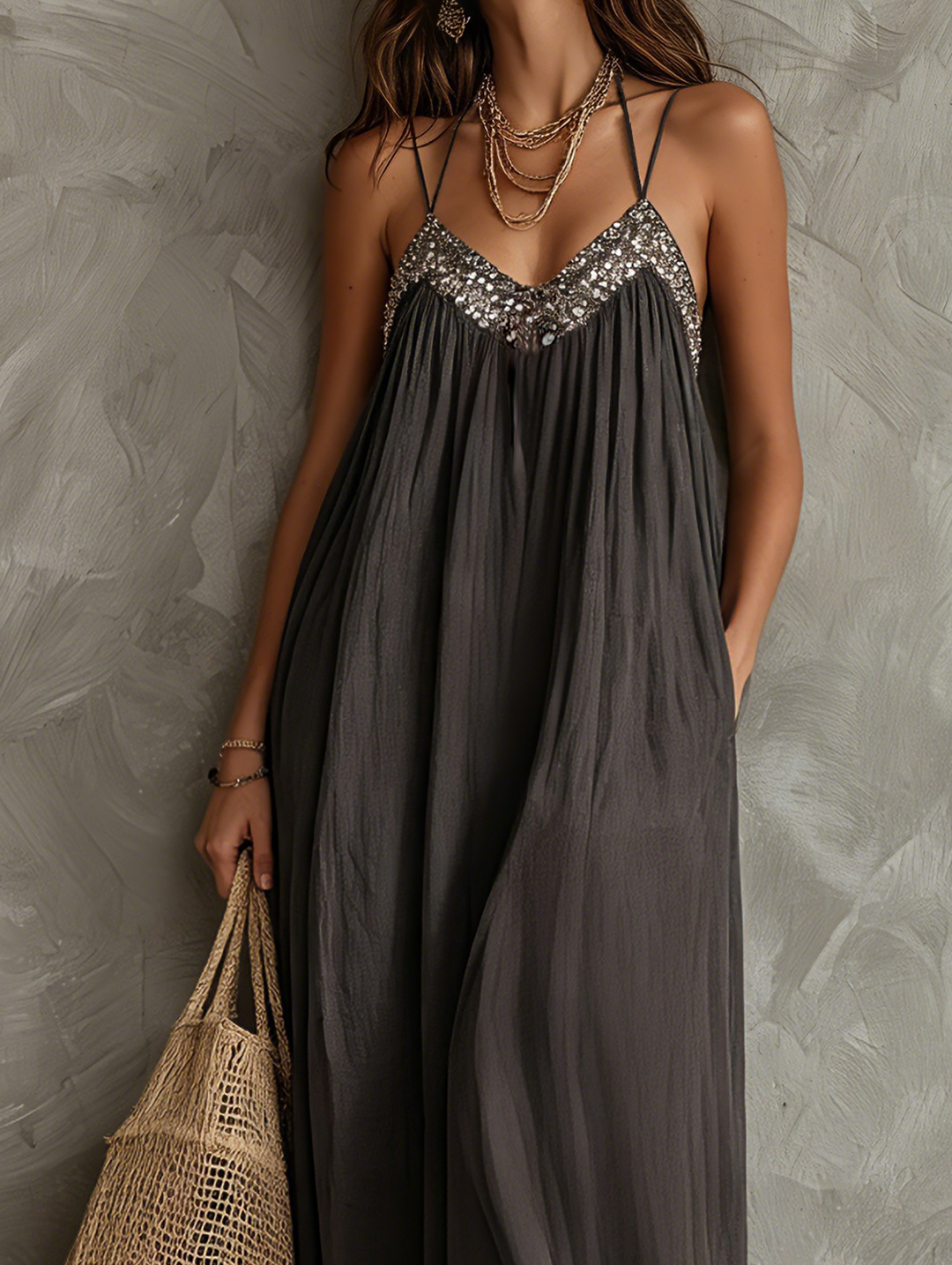 Noreene - Vestido Maxi Casual Tecido Com Decote Em V