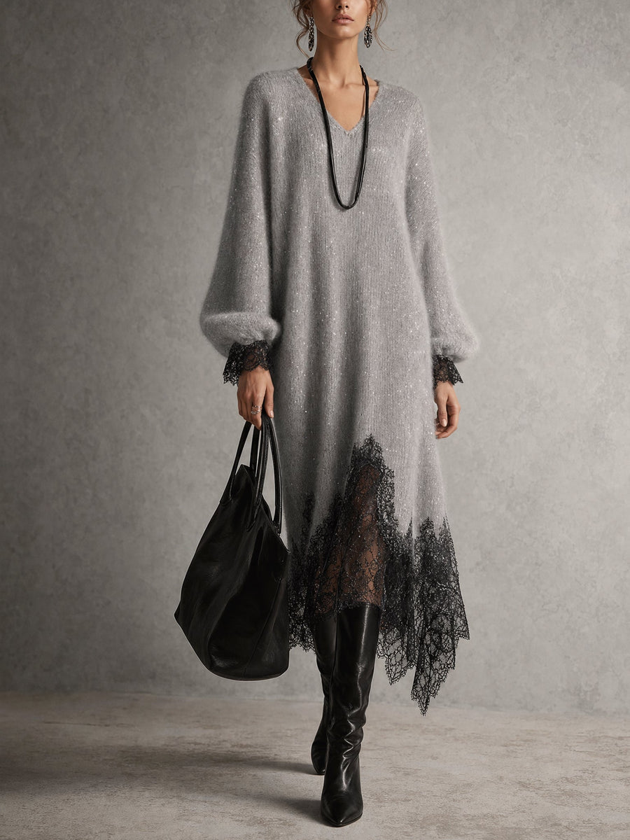 Samyra - Vestido Midi De Malha Com Renda