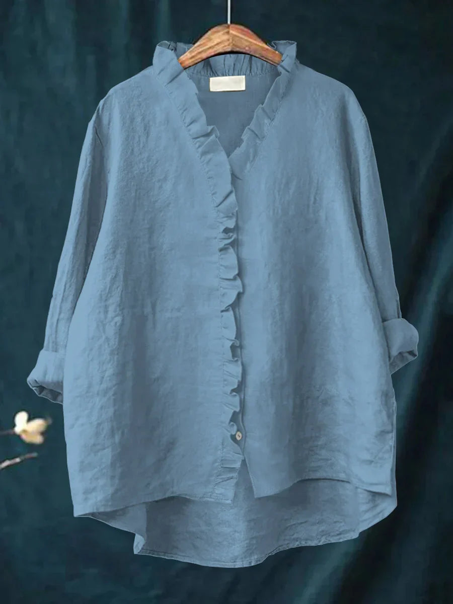 Sanela - Camisa Casual de Algodão e Linho com Folhos