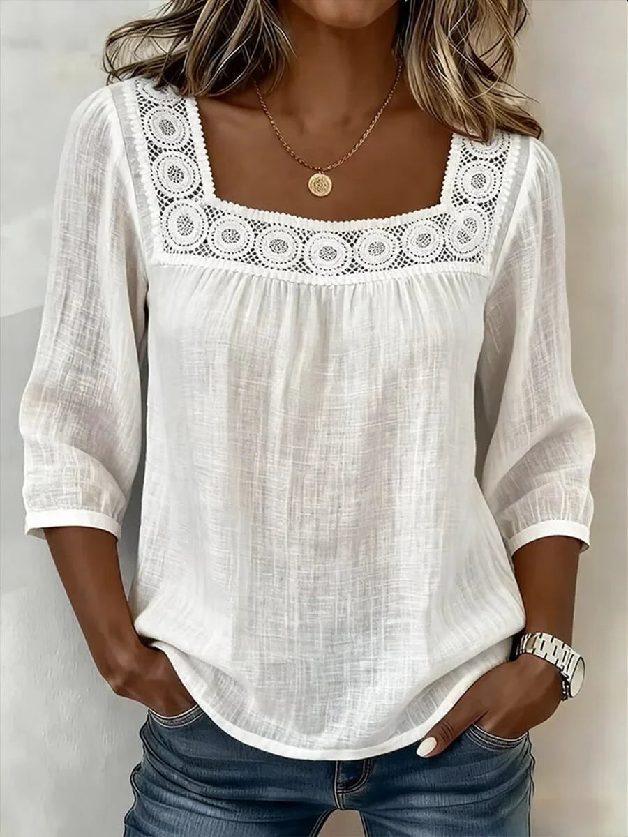 Nozomi - Blusa De Patchwork Com Renda E Decote Quadrado