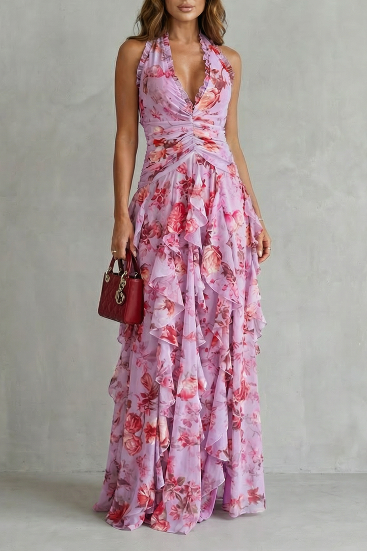 Eliora - Vestido Maxi Com Decote Halter e Padrão Floral Em Cascata