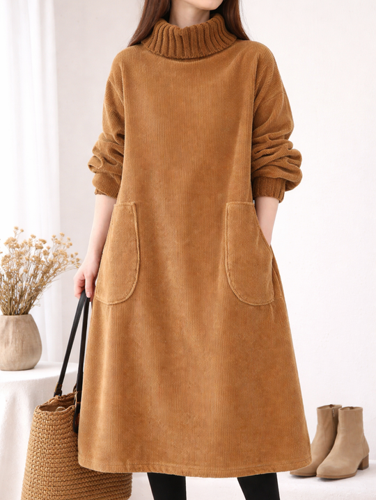 Mohana - Vestido Longo de Veludo Cotelê com Gola Alta