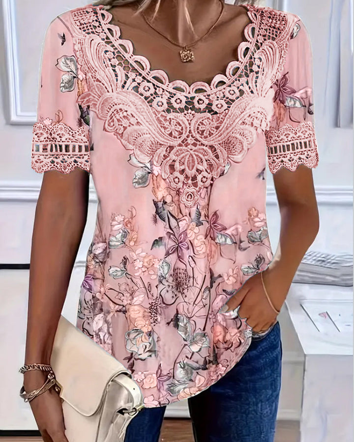 Emilyn - T-camisa de Manga Curta Com Estampado Floral na Moda