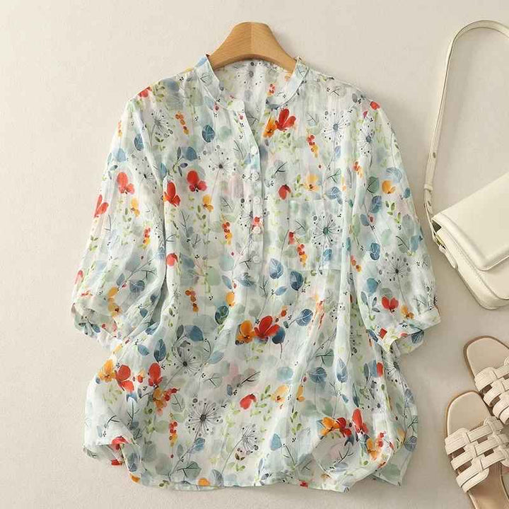 Rusina - Blusa Elegante de Linho Com Botões na Frente