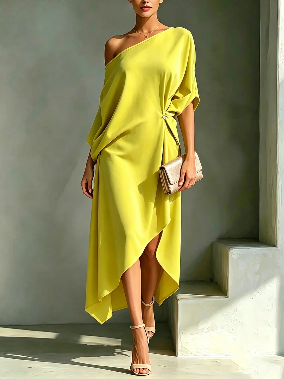 Elonia - Vestido Midi Assimétrico Com Ombros à Vista