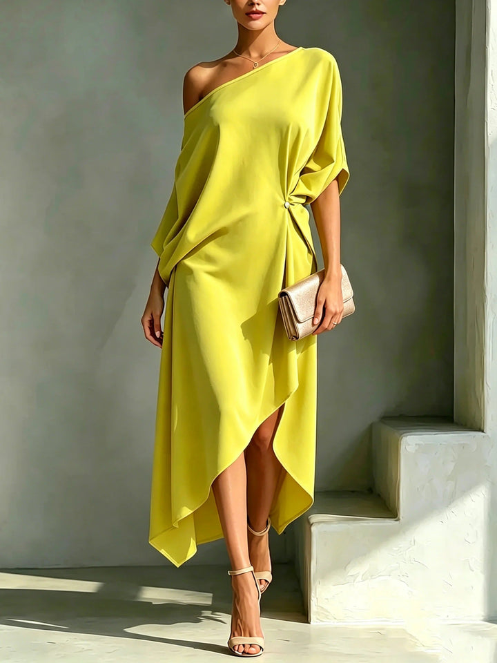 Elonia - Vestido Midi Assimétrico Com Ombros à Vista