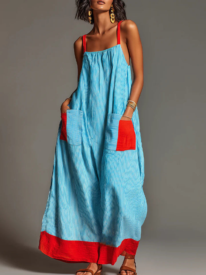 Sallina - Vestido Maxi às Riscas Com Detalhes Em Vermelho