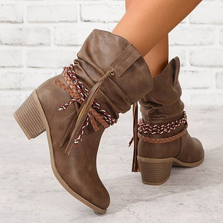Asenath - Botas Elegantes Com Salto Grosso Em Corda