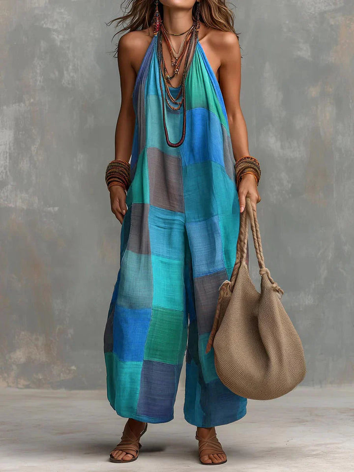 Meriny - Macacão em Patchwork Com Decote Halter e Pernas Largas