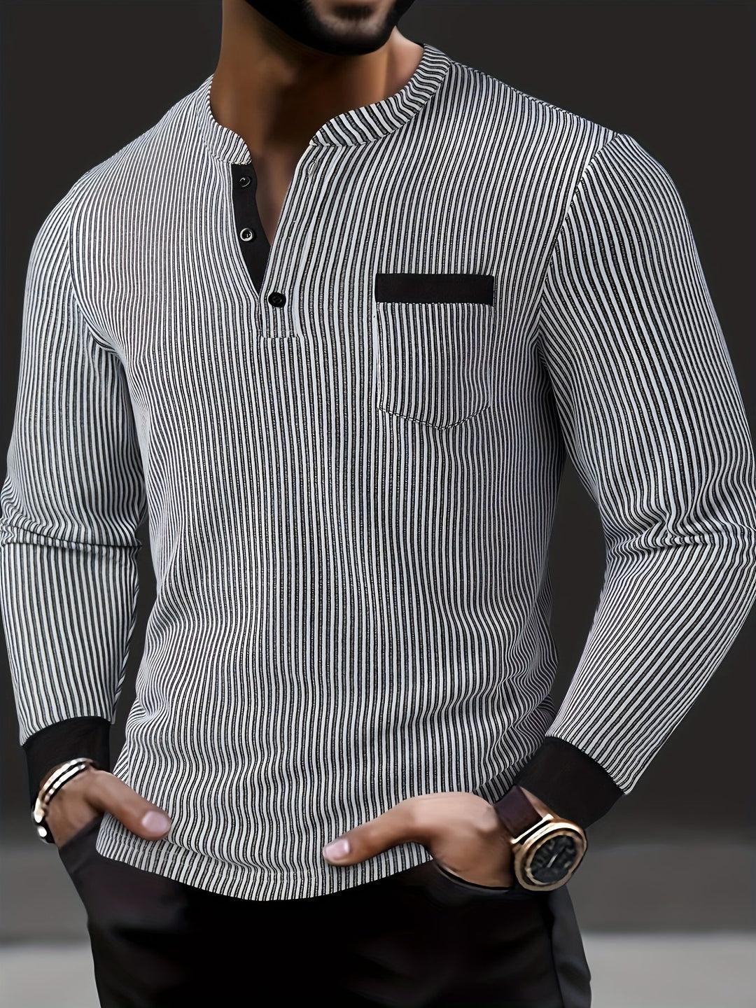 Deegan - Camisa Henley De Manga Comprida Com Gola Às Riscas Texturizada