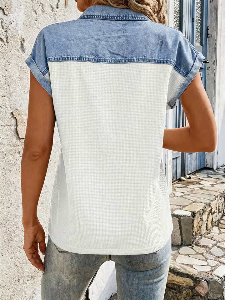 Haily - Top Casual de Ganga Com Gola em Patchwork e Manga Curta