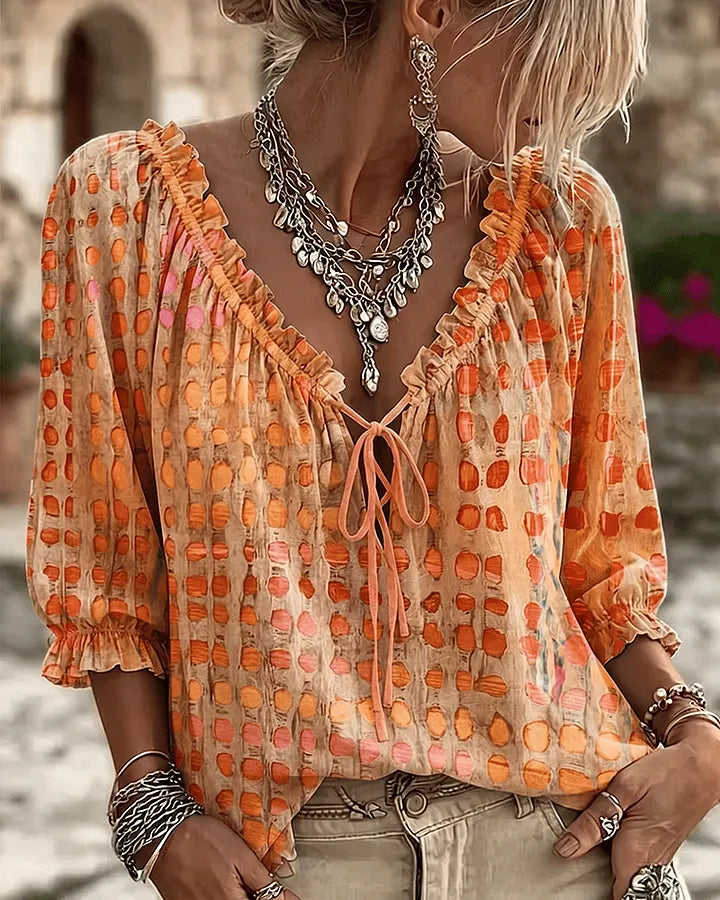 Orlyna - Blusa Com Laços E Padrão De Bolinhas Com Decote Em V