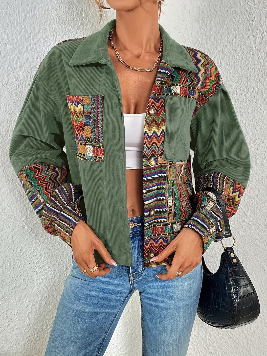 Amelina - Casaco De Veludo Cotelê Com Botões E Padrão Patchwork Boho