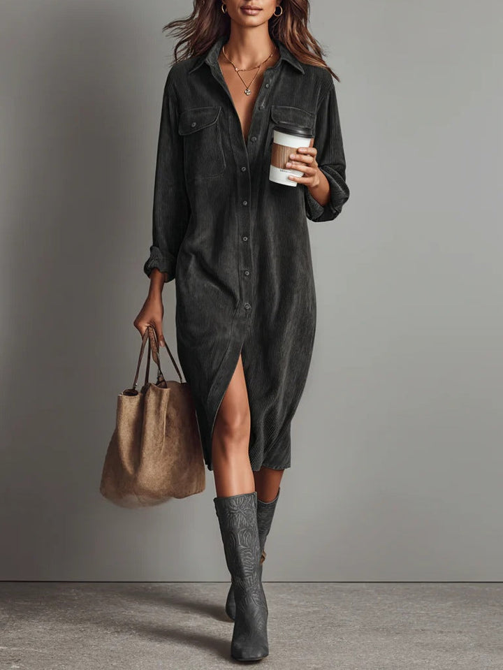 Nurcan - Vestido-Camisa com Textura de Veludo Cotelê e Bolsos