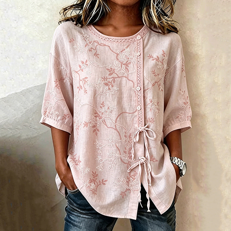 Tilija - Blusa Com Mangas Curtas, Laço À Frente E Bordados