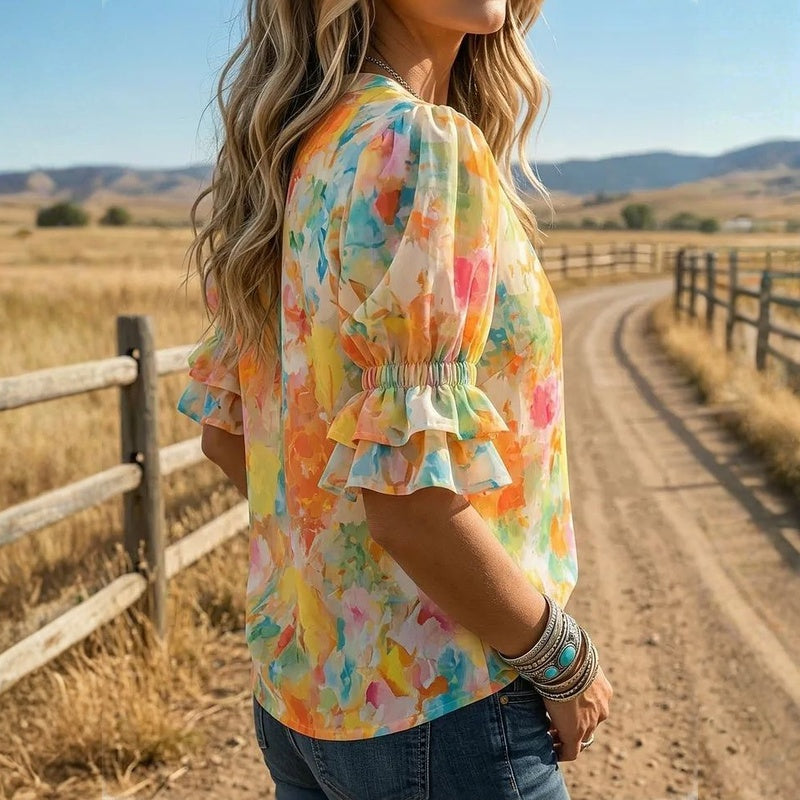 Suda - Blusa Floral Com Botões À Frente E Mangas Bufantes