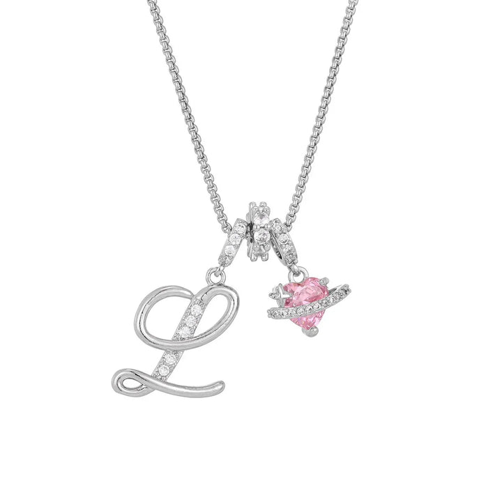 Nerute - Colar Com Inicial e Pingente em Forma de Coração Rosa