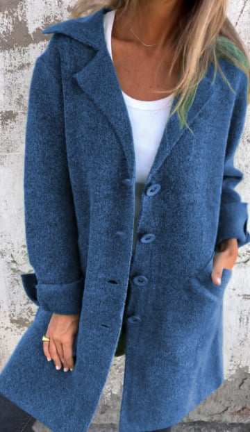 Baylea - Casaco Longo Casual de lã Com Lapela e Botões Simples