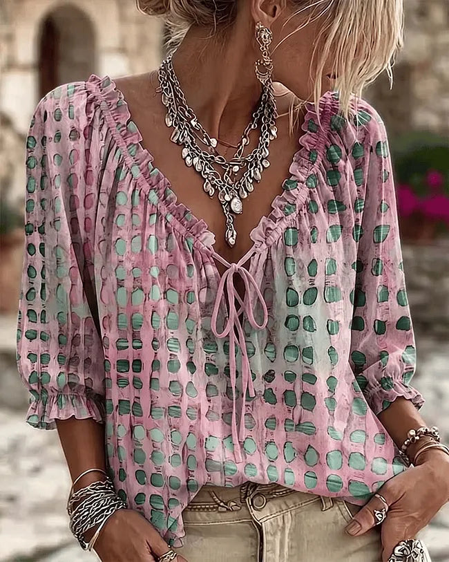 Orlyna - Blusa Com Laços E Padrão De Bolinhas Com Decote Em V