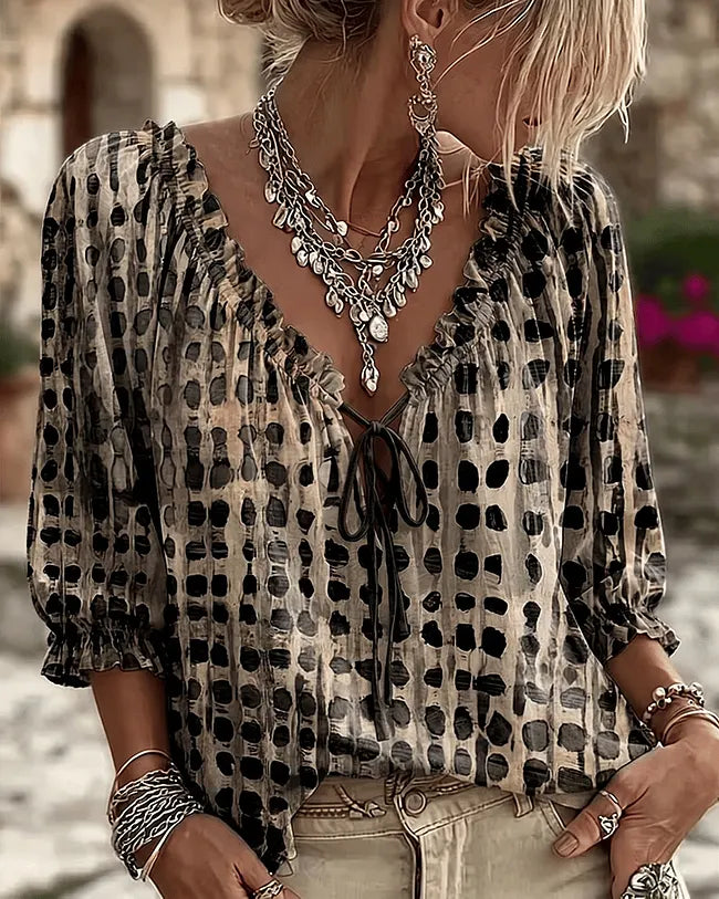 Orlyna - Blusa Com Laços E Padrão De Bolinhas Com Decote Em V