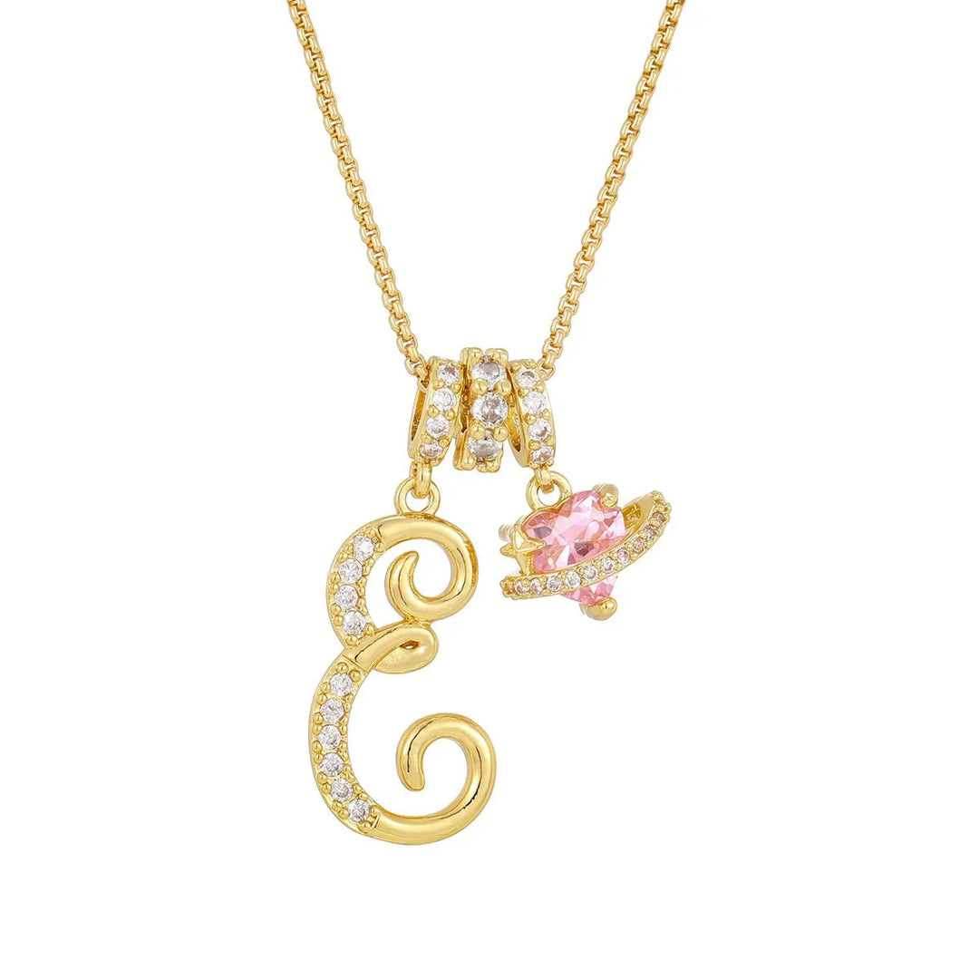 Nerute - Colar Com Inicial e Pingente em Forma de Coração Rosa