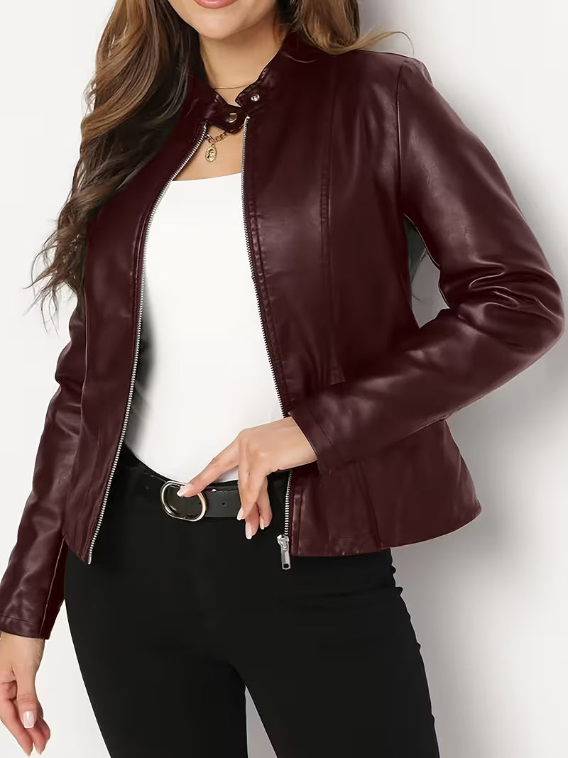 Siliena - Casaco Elegante Em Imitação De Couro Com Fecho De Correr