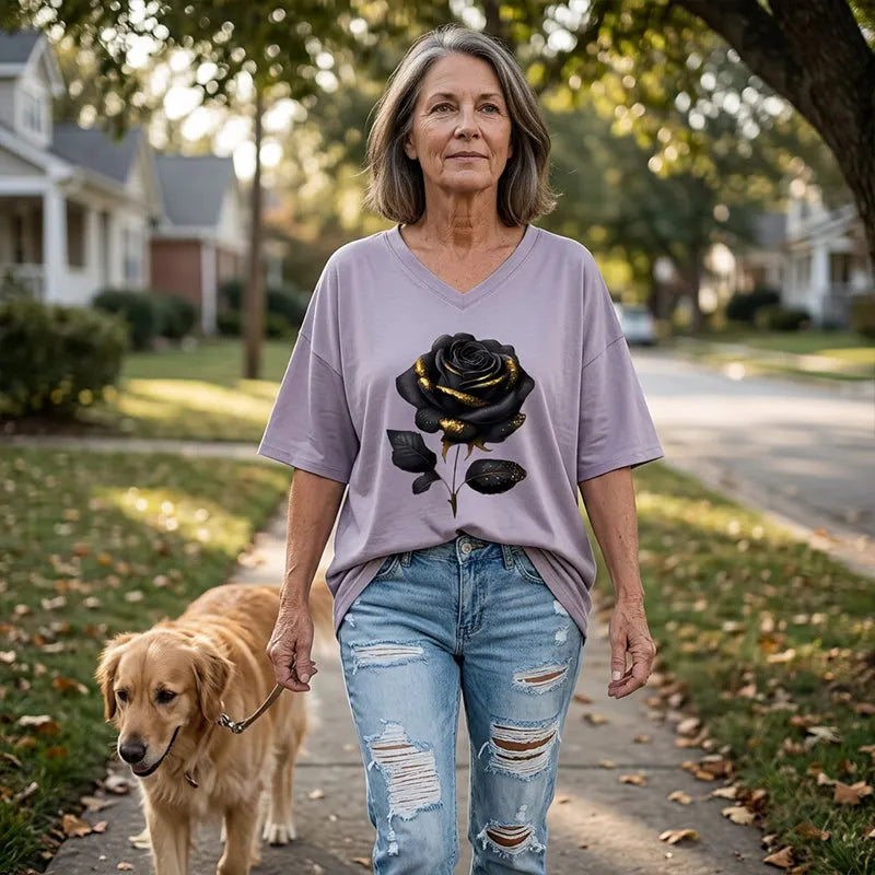 Aijia - T-camisa Com Decote Em V E Estampado De Rosas
