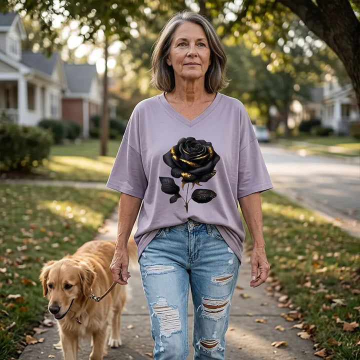 Aijia - T-camisa Com Decote Em V E Estampado De Rosas