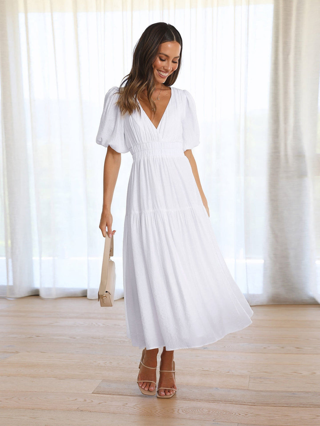 Delphine - Vestido Midi Elegante Com Decote Em V E Mangas Com Folhos