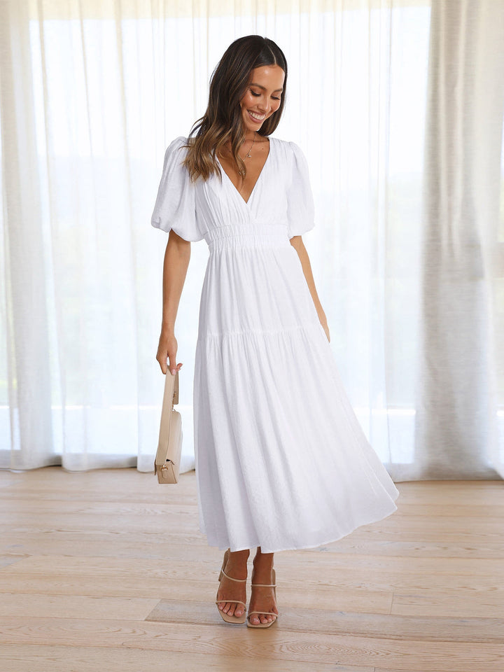 Delphine - Vestido Midi Elegante Com Decote Em V E Mangas Com Folhos