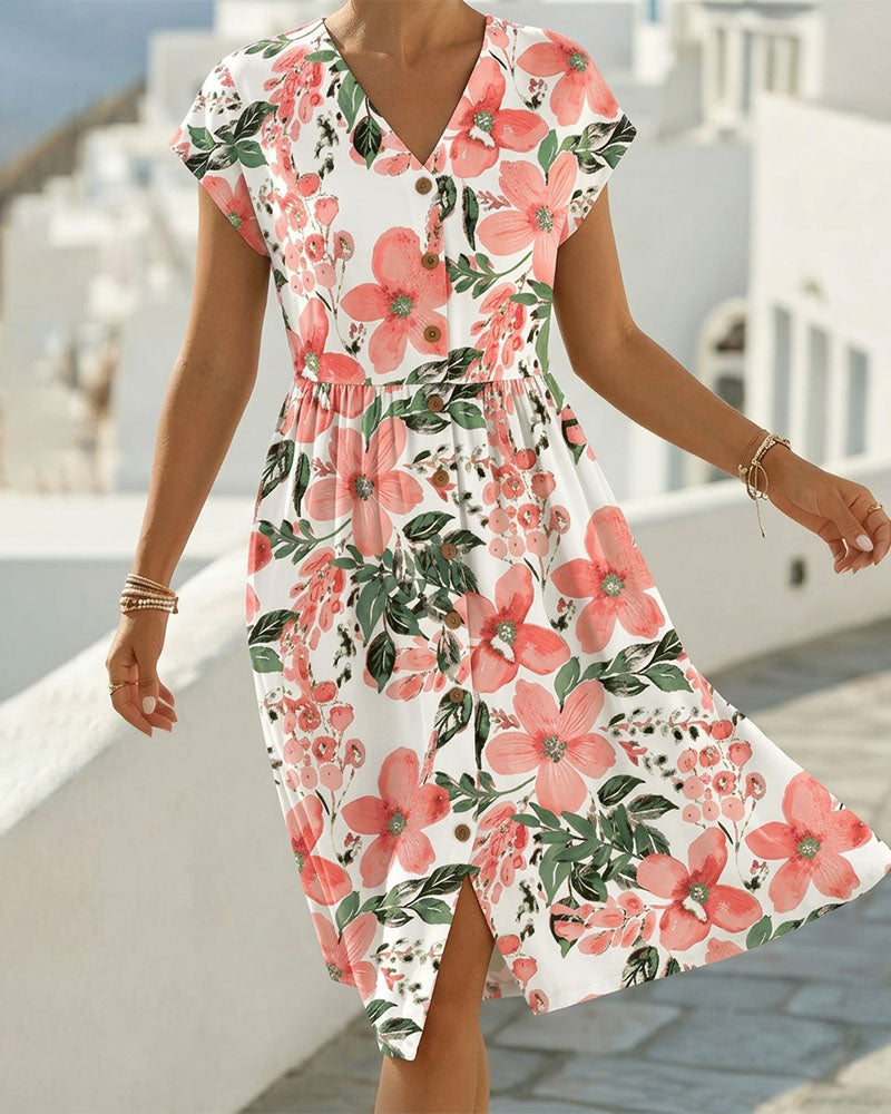 Sinera - Vestido Com Estampado Floral e Mangas Curtas