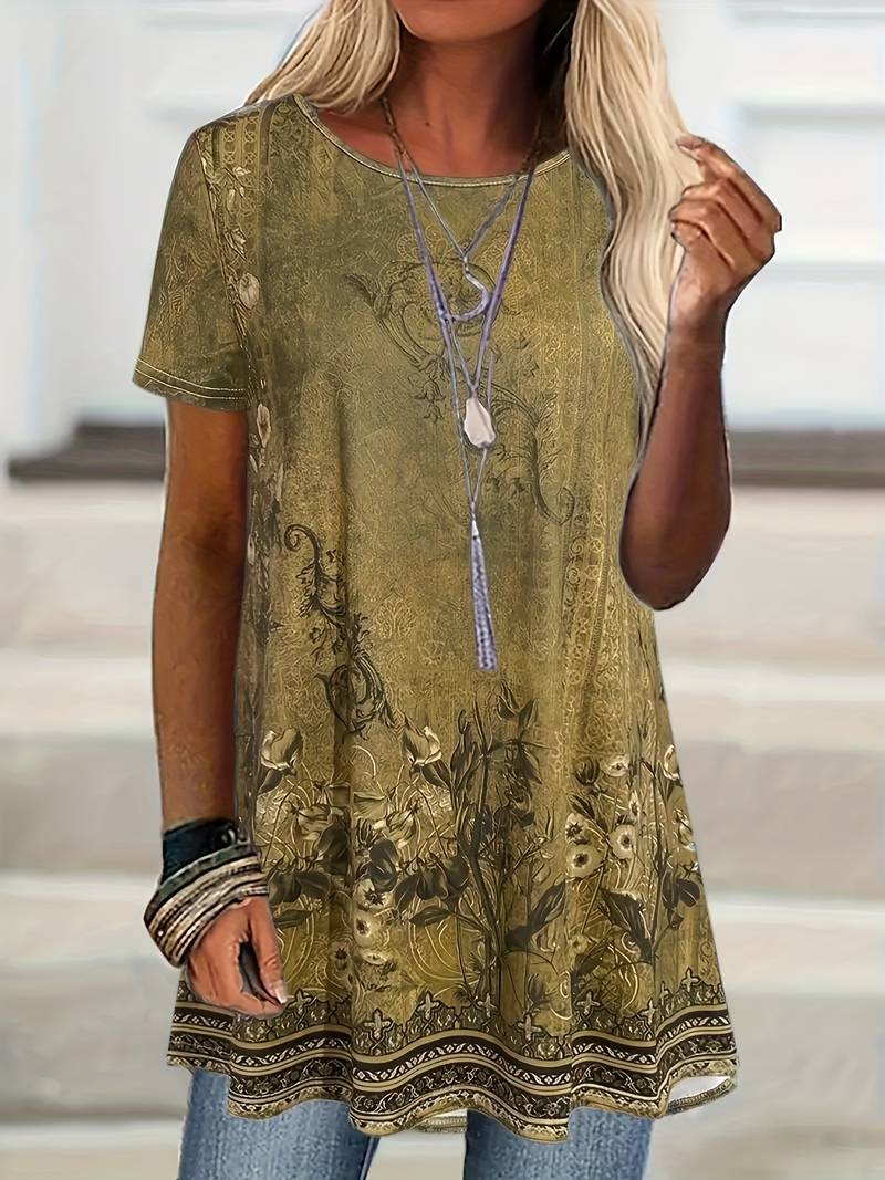 Abhishani - Camiseta de Corte largo Com Estampado Floral