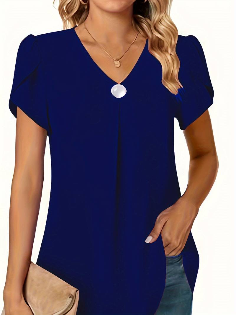 Thilakshi - Blusa de Manga Curta Com Folhos e um Unico Botão