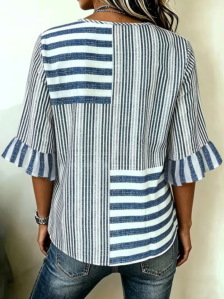 Avyra - Top Com Botões, Mangas Com Folhos E Patchwork Às Riscas