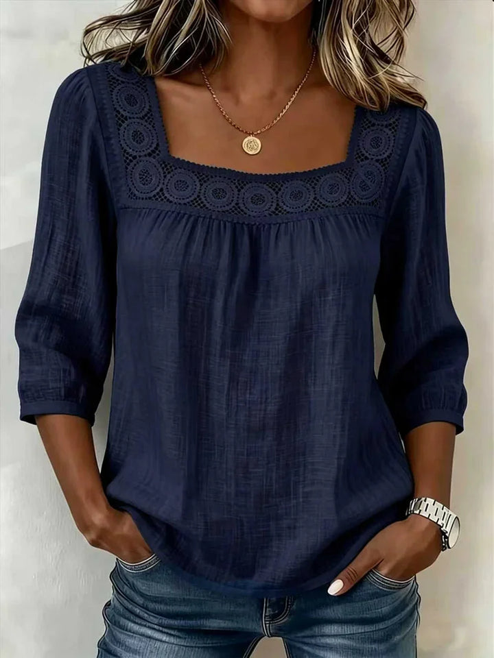 Nozomi - Blusa De Patchwork Com Renda E Decote Quadrado