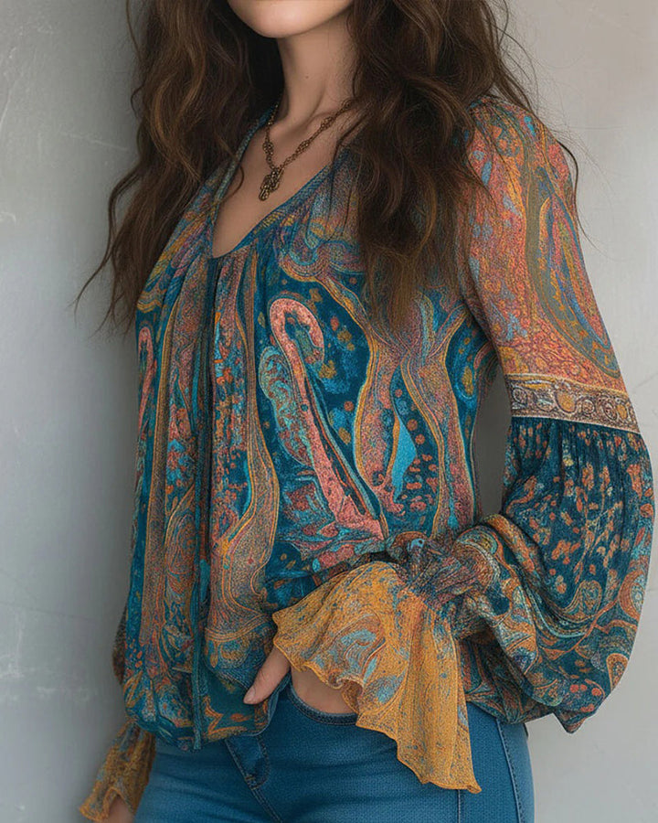 Izabella - Blusa Estilo Boémia Com Decote Em V e Mangas Largas