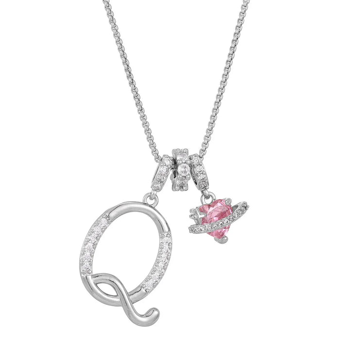 Nerute - Colar Com Inicial e Pingente em Forma de Coração Rosa