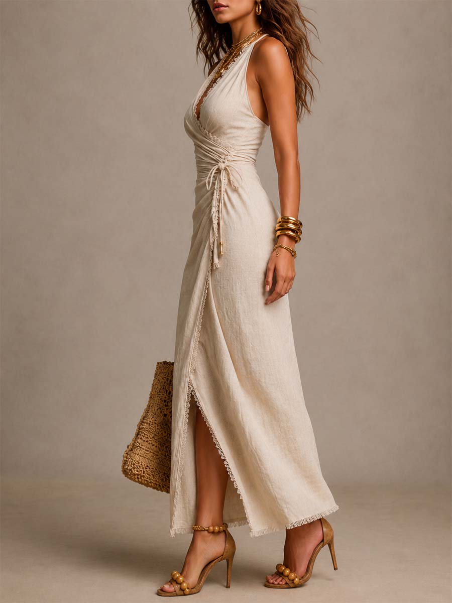Szarlota - Vestido Maxi Envolvente Em Linho Com Folhos E Acabamentos Em Renda