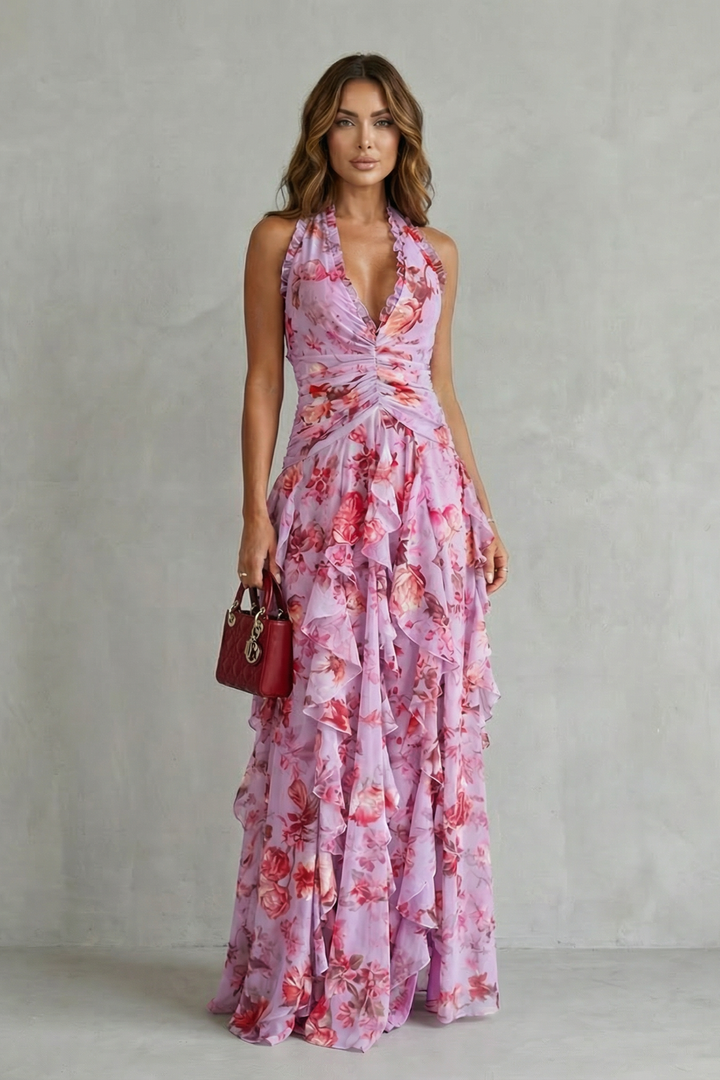 Eliora - Vestido Maxi Com Decote Halter e Padrão Floral Em Cascata