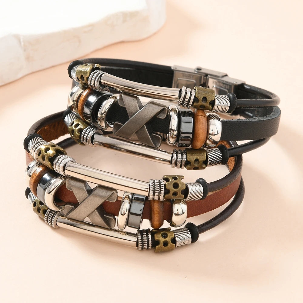 Garland - Pulseira de Couro com Cruz em Camadas