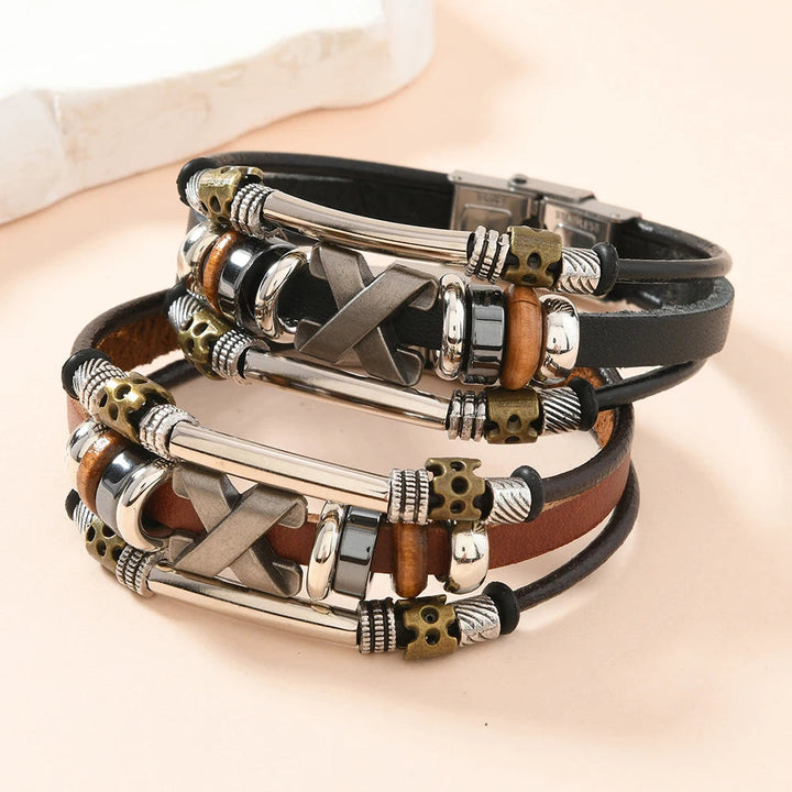 Garland - Pulseira de Couro com Cruz em Camadas