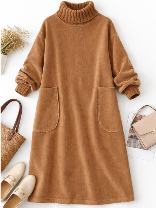 Mohana - Vestido Longo de Veludo Cotelê com Gola Alta