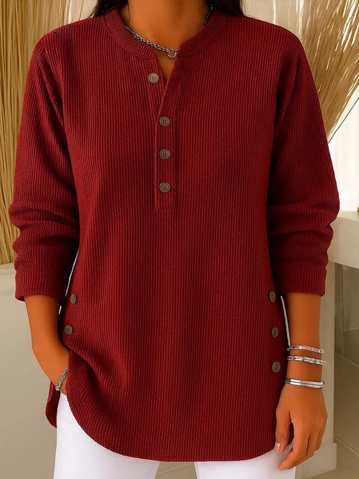 Eshani - Top Henley Casual Com Mangas Compridas Nervuras e Botões