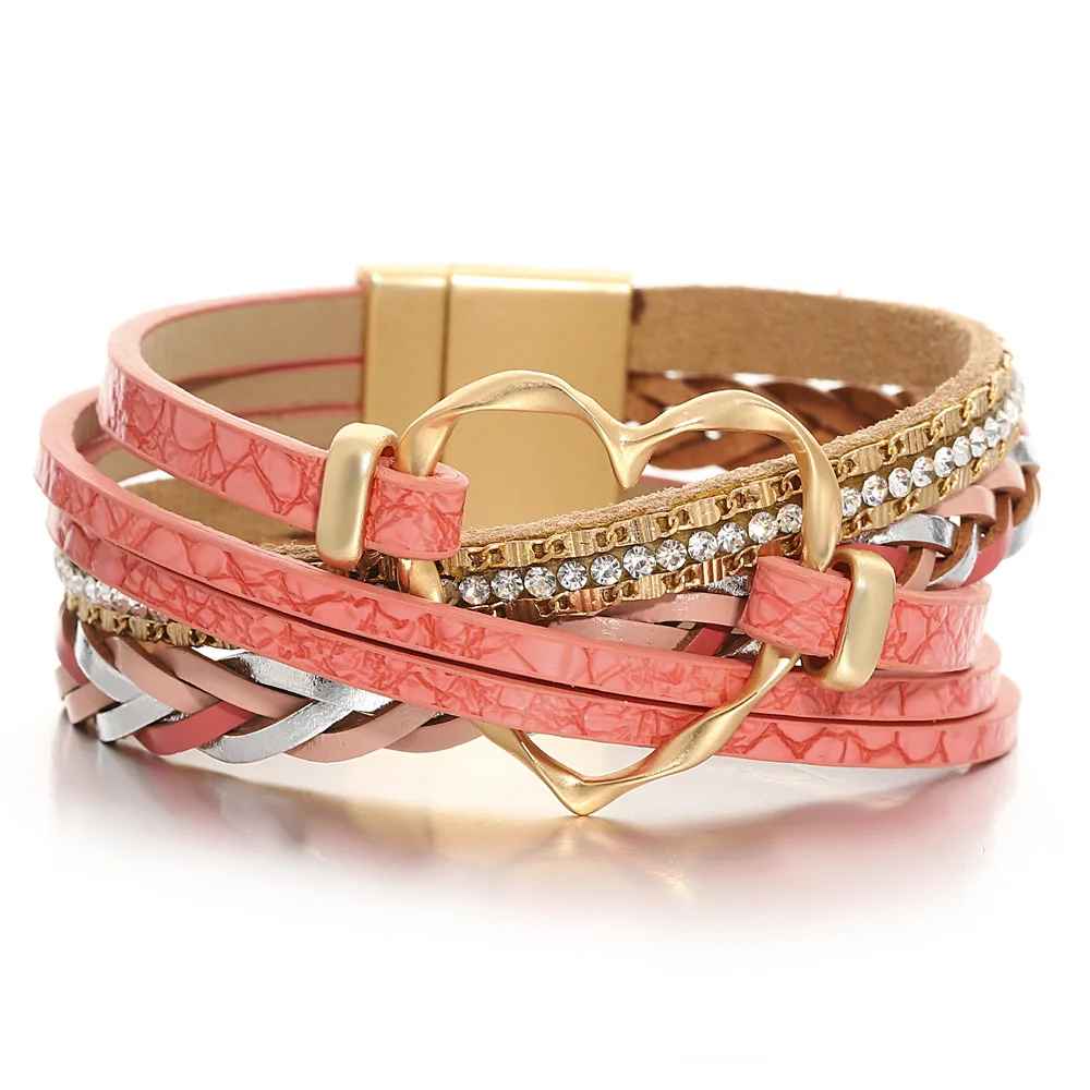 Reyn - Pulseira De Couro Em Camadas Com Pingente Em Forma De Coração