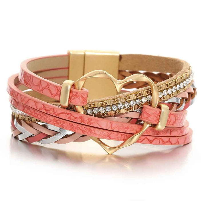 Reyn - Pulseira De Couro Em Camadas Com Pingente Em Forma De Coração