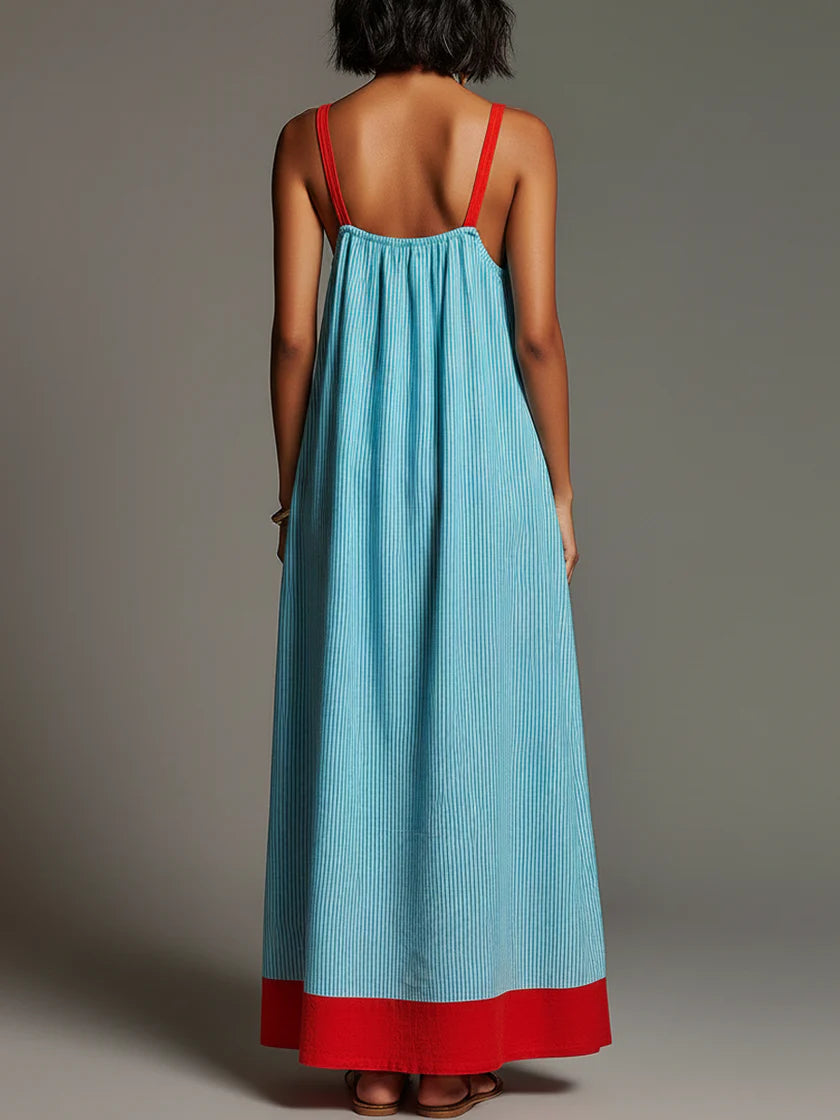 Sallina - Vestido Maxi às Riscas Com Detalhes Em Vermelho