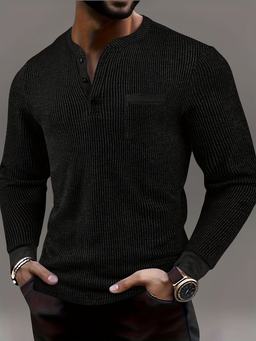 Deegan - Camisa Henley De Manga Comprida Com Gola Às Riscas Texturizada