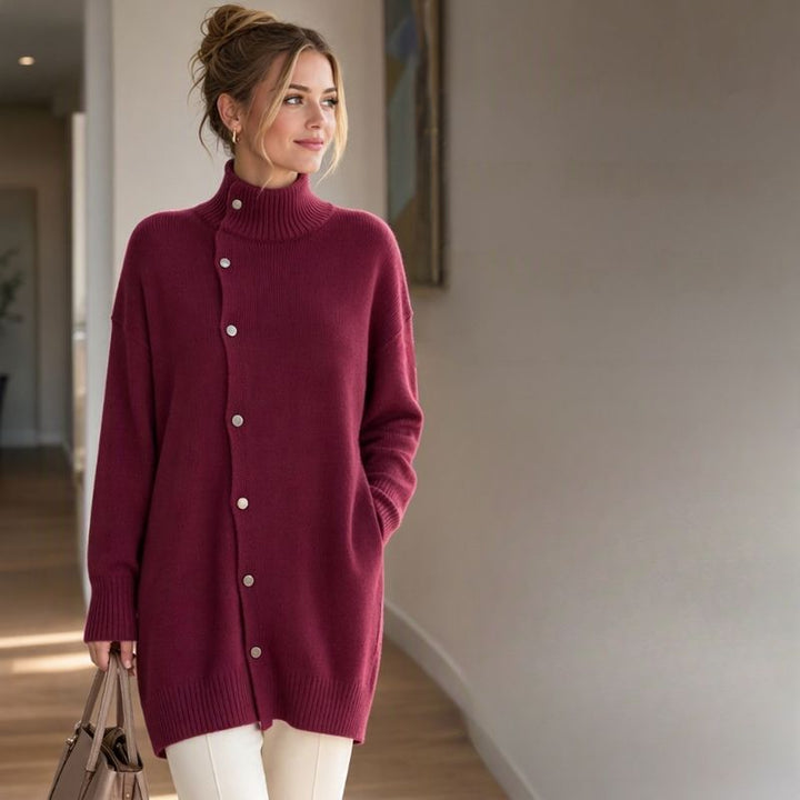 Hiroko - Camisola de Malha Comprida com Gola Alta e Botões