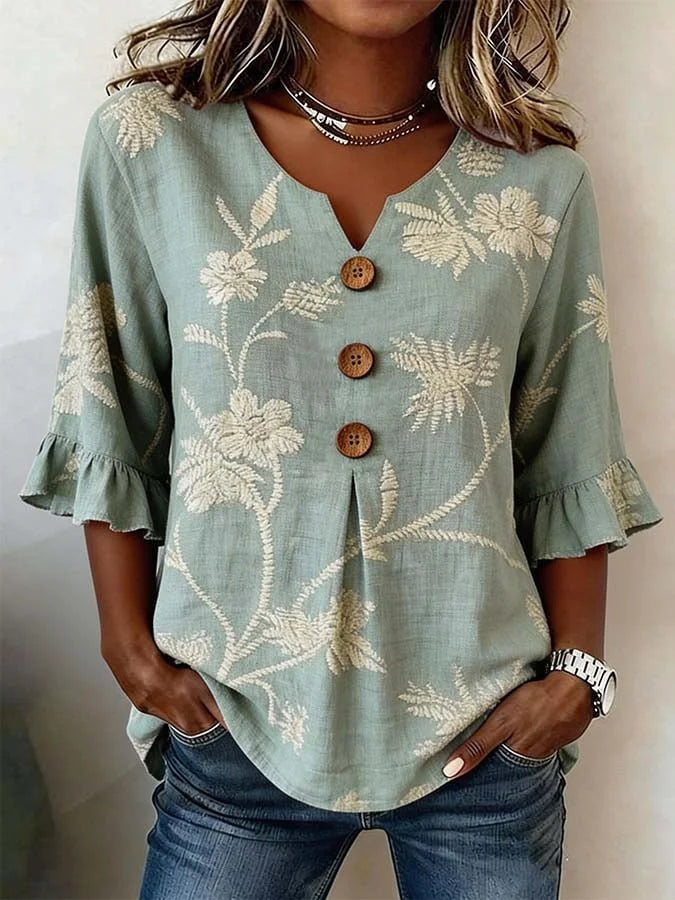 Bisila - Camisa Com Bordado Floral e Mangas Com Folhos