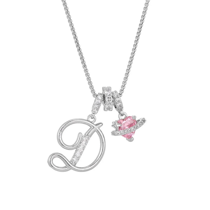 Nerute - Colar Com Inicial e Pingente em Forma de Coração Rosa